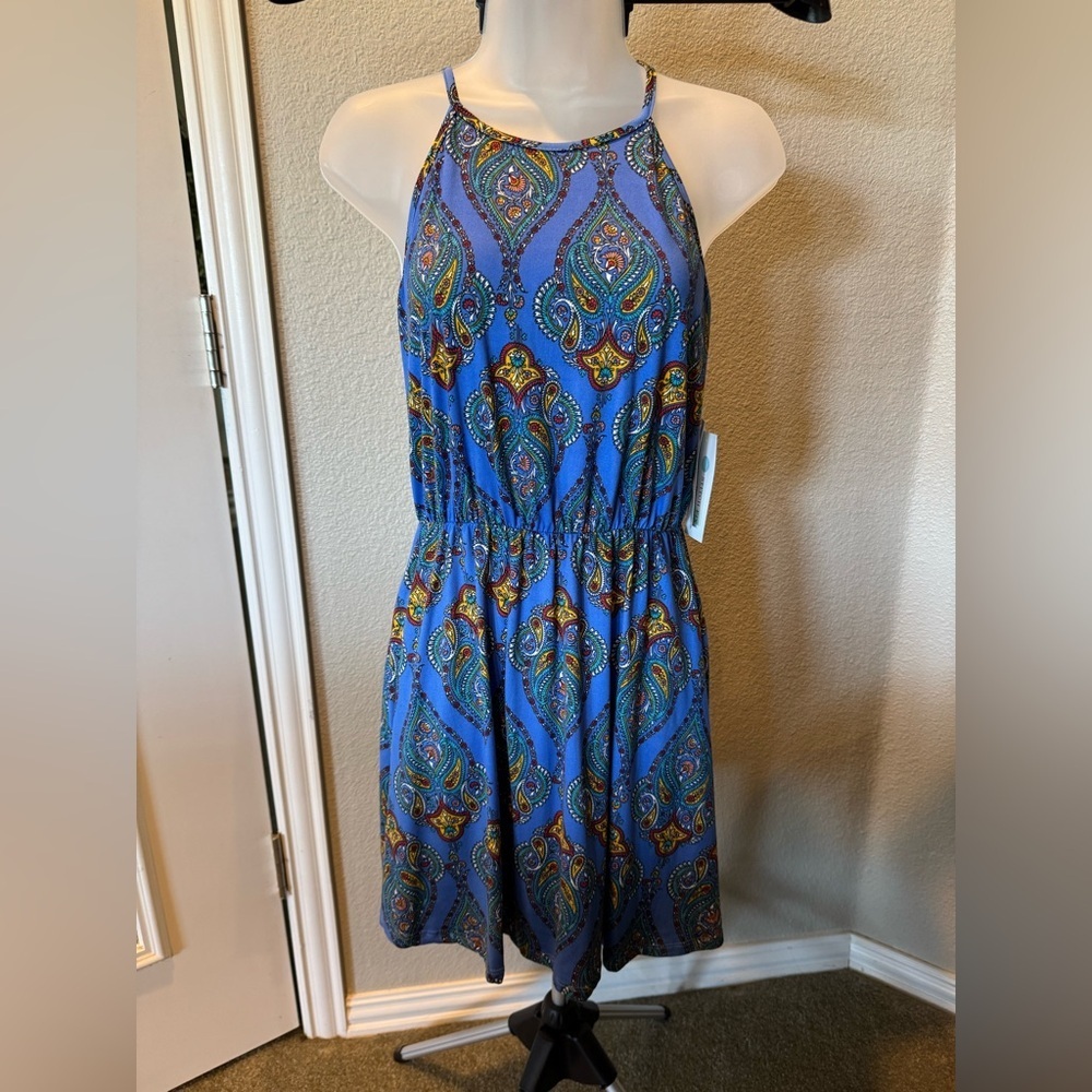French Grey Blue Paisley Halter Mini Dress Sz M
